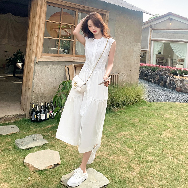 欧若风白色无袖背心裙女长款2025夏季新款法式宽松轻熟风连衣裙