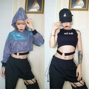 演出服女酷炫闪闪亮宽松长袖短款卫衣爵士舞街舞表演连帽露脐上衣