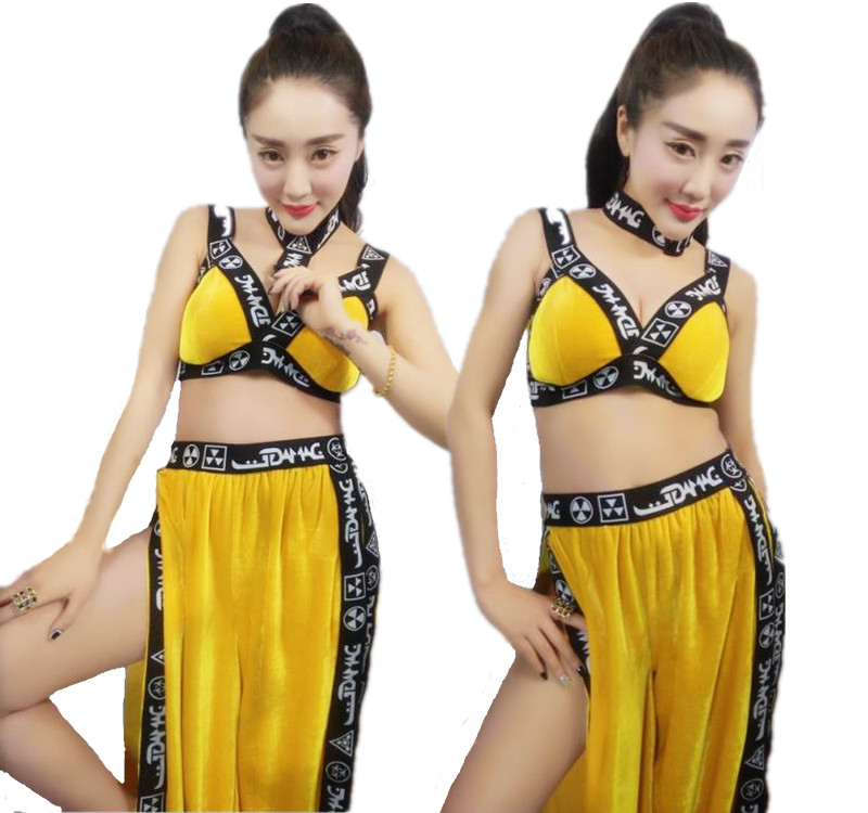 欧美ds演出服新款女歌手DJ爵士舞领舞服夜店酒吧黄色开叉裤套装