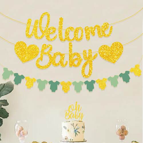 welcome baby宝宝主题拉旗 衣服形状金葱字母拉旗 派对主题装饰
