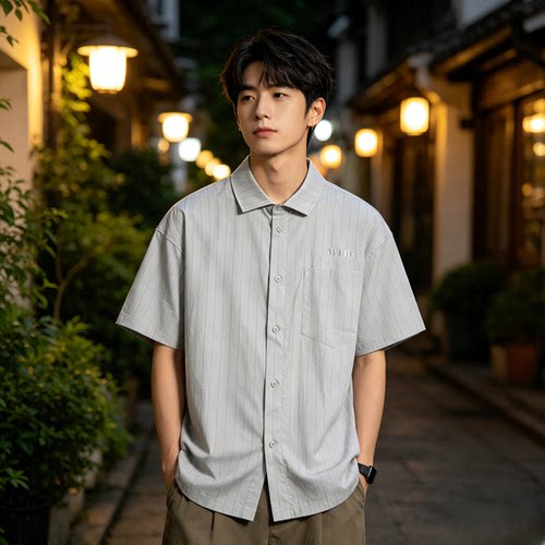 李宁短袖衬衫夏韦德男子休闲透气宽松做旧T恤 开衫ASHU399-B品