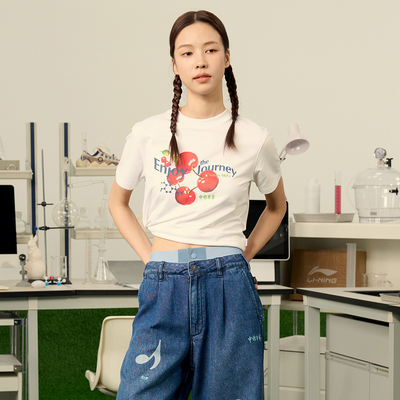 中国李宁×ANB联名女子运动宽松透气休闲短款短袖T恤AHSV672