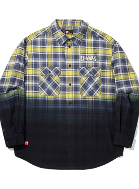 中国李宁2024秋休闲衬衫男女款宽松渐变格子潮流外套ASHU517-B品