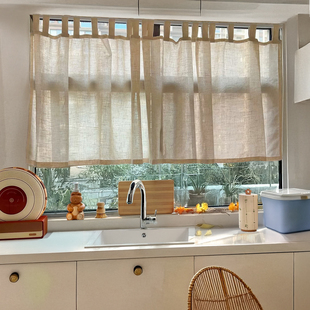 厨房飘窗半遮窗帘 亚麻棉麻半截式 透光不透人 遮挡帘免打孔穿杆