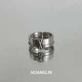 原创泰古设计复古手工锤纹绑丝双环戒指男高级感女小众设计轻奢潮