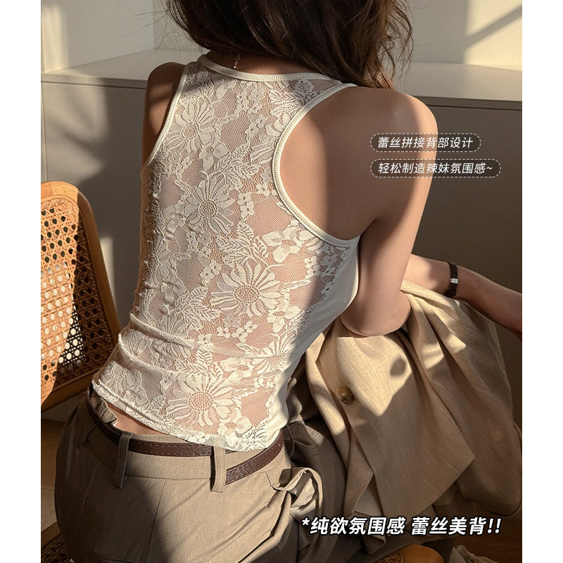 后背蕾丝设计感螺纹棉打底小吊带背心女简约内搭修身显瘦外穿上衣