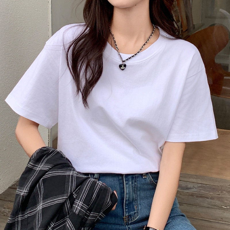 夏季白色中长款短袖t恤女士圆领高品质宽松装显瘦百搭打底衫上衣