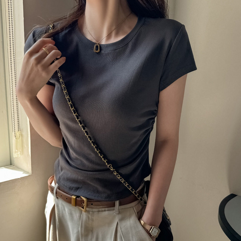 圆领收腰高级感正肩短袖t恤女装修身韩版夏季纯色简约基础款上衣