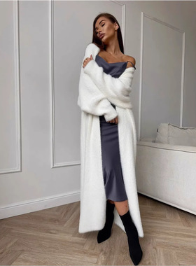 跨境仿貂绒白色针织衫开衫大衣外套女秋冬宽松毛绒绒蓬松长款开衫