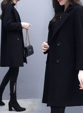 2025新款秋冬季加厚赫本风口袋毛呢大衣女黑色显瘦中长款呢子大衣