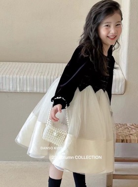 女童礼服连衣裙2023秋冬款法式高定赫本风公主裙黑色丝绒蓬蓬纱裙