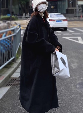 黑色毛呢大衣外套2025秋冬新款韩版宽松过膝加厚女生呢子大衣外套