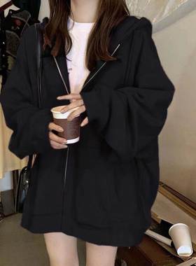2025春秋新款黑色连帽卫衣女宽松慵懒风加绒chic小众上衣韩版外套