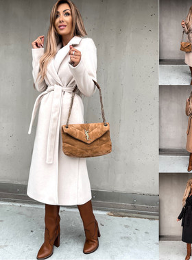 2021独立站wish亚马逊爆款 秋冬简约长袖V领绑带毛呢外套上衣女装