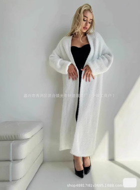 跨境仿貂绒白色针织衫开衫大衣外套女秋冬宽松毛绒绒蓬松长款开衫