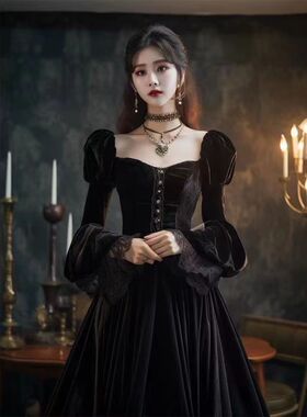 法式复古宫廷风黑色丝绒连衣裙女秋冬新款高级感气质礼服长袖裙子