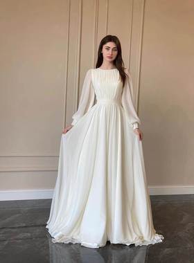 2025跨境外贸春秋新款灯笼袖珠光纱白色婚纱圆领礼服长袖连衣裙