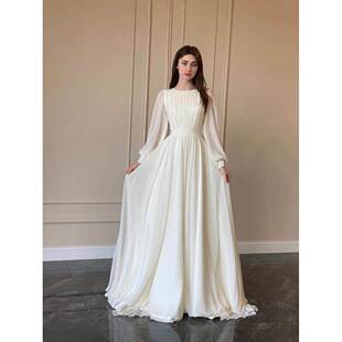 连衣裙 珠光纱白色婚纱圆领礼服长袖 2025跨境外贸春秋新款 灯笼袖