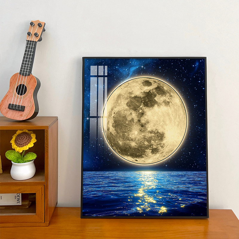 现代简约月亮星空客厅装饰画氛围感卧室大海夜景立体蓝牙音响挂画