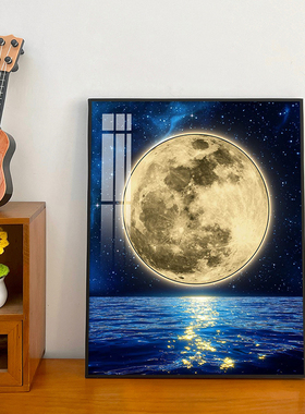 现代简约月亮星空客厅装饰画氛围感卧室大海夜景立体蓝牙音响挂画