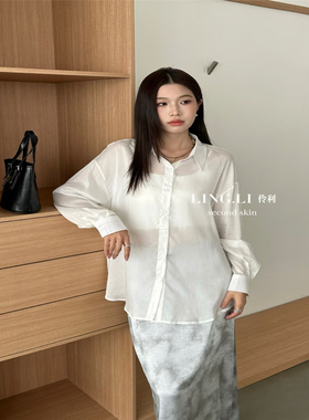 LING.LI  白色天丝防晒衬衫女 夏季宽松翻领薄款透气垂感松弛上衣