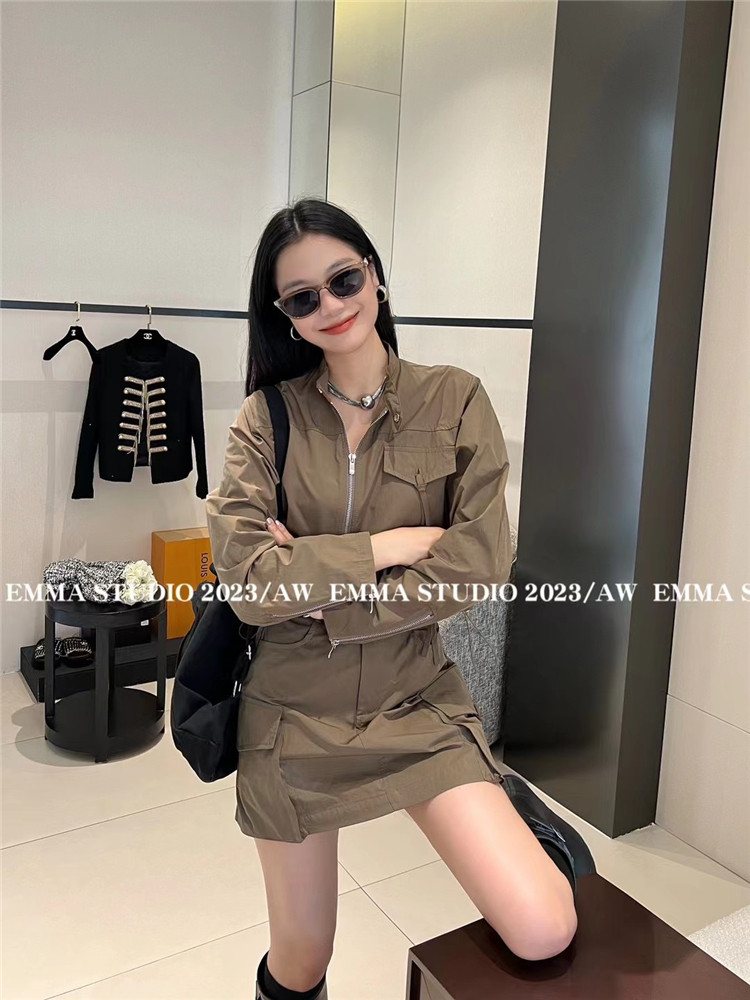美式复古工装套装女2023秋季时尚短款立领上衣高腰半身短裙两件套