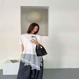 YIYOU T恤女春夏不规则白色叠穿上衣 巨好穿百搭韩系蕾丝拼接短袖