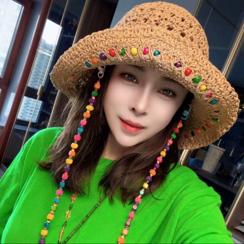 韩国博主彩色珠子钩针草帽女
