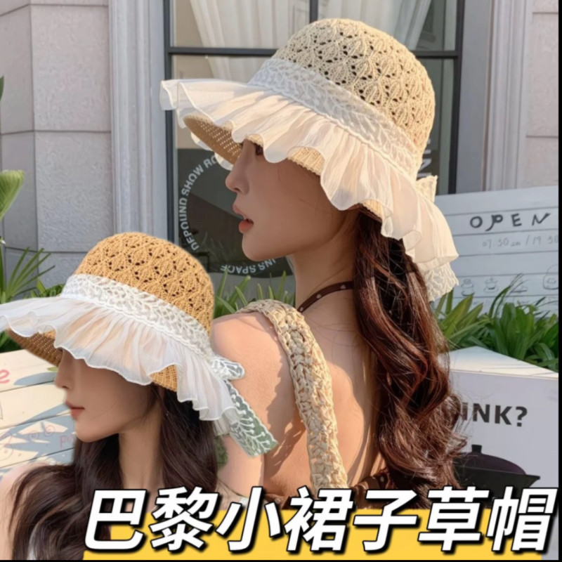 度假风海边沙滩草帽女夏季蝴蝶结