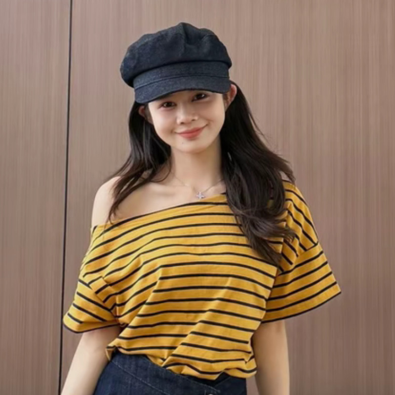 宅女同款显脸小蓝色牛仔帽子女春秋英伦复古百搭小众显脸小报童帽