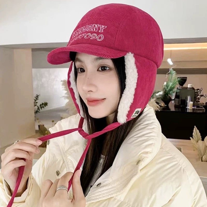 韩版字母灯芯绒绑带雷锋帽子女