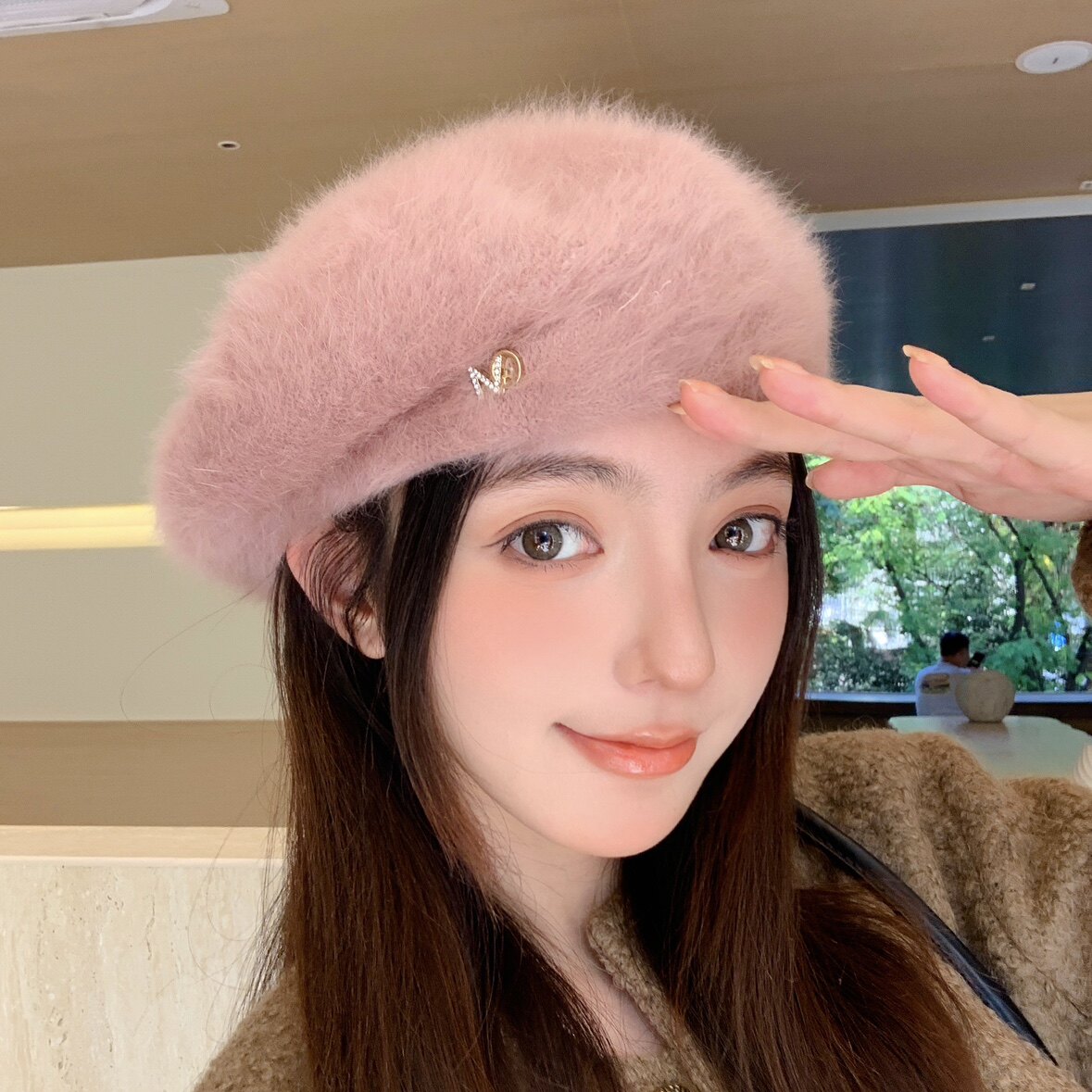 贝雷帽女大头围毛绒兔毛保暖韩版