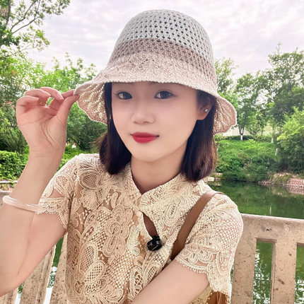 新款亚麻镂空透气百搭渔夫帽子女春夏大头围防晒帽出游海边遮阳帽