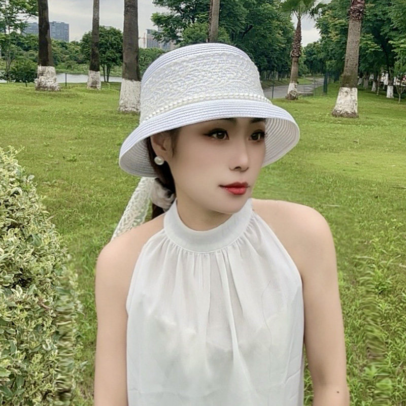 赫本风防晒帽子女新款可折叠太阳帽蕾丝系带草帽夏大檐沙滩遮阳帽