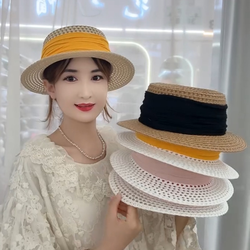 法式复古镂空平顶草帽女夏季防晒