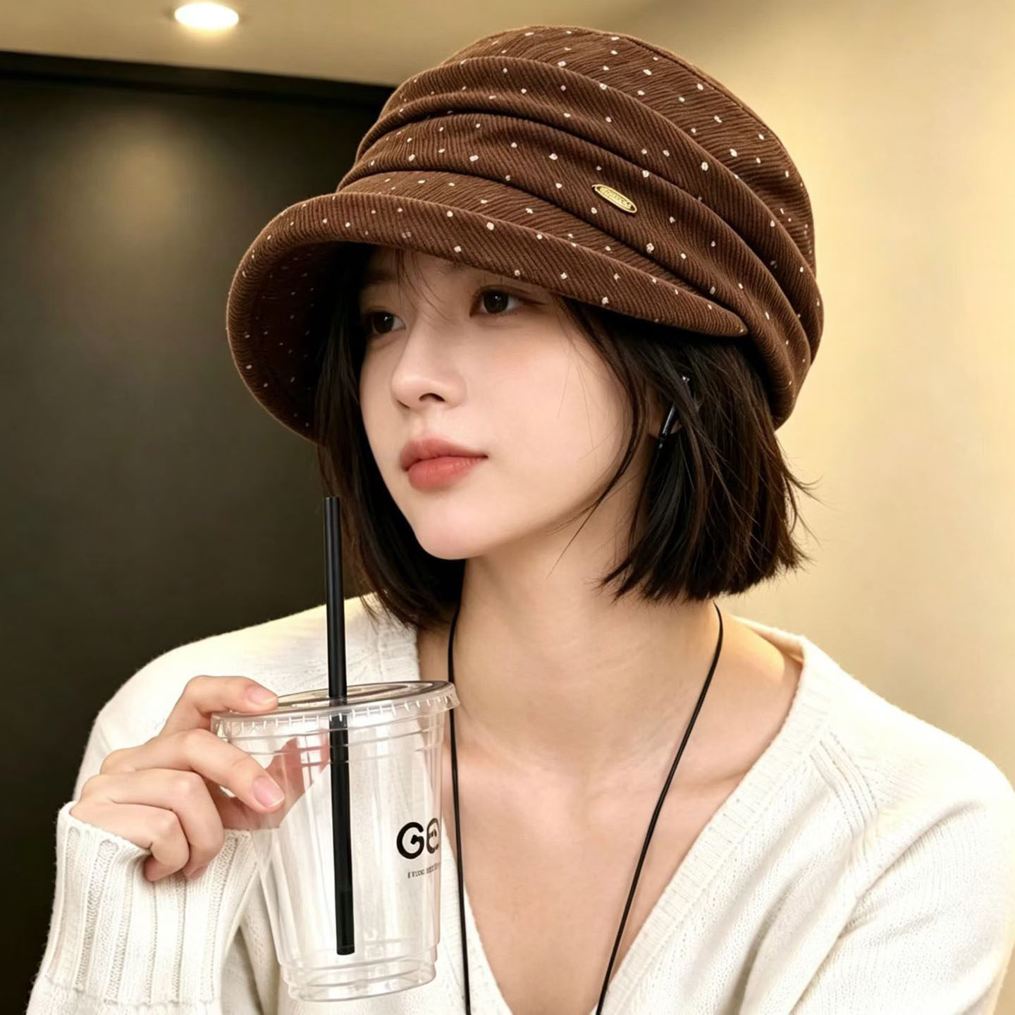 韩系波点褶皱卷边宽檐渔夫帽女