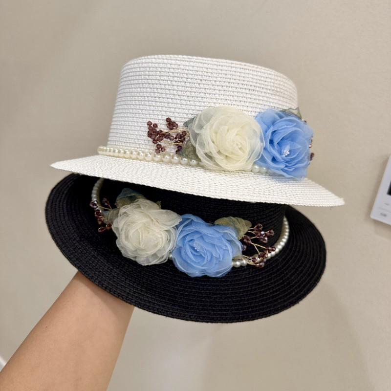 法式田园风花朵珍珠平顶草帽