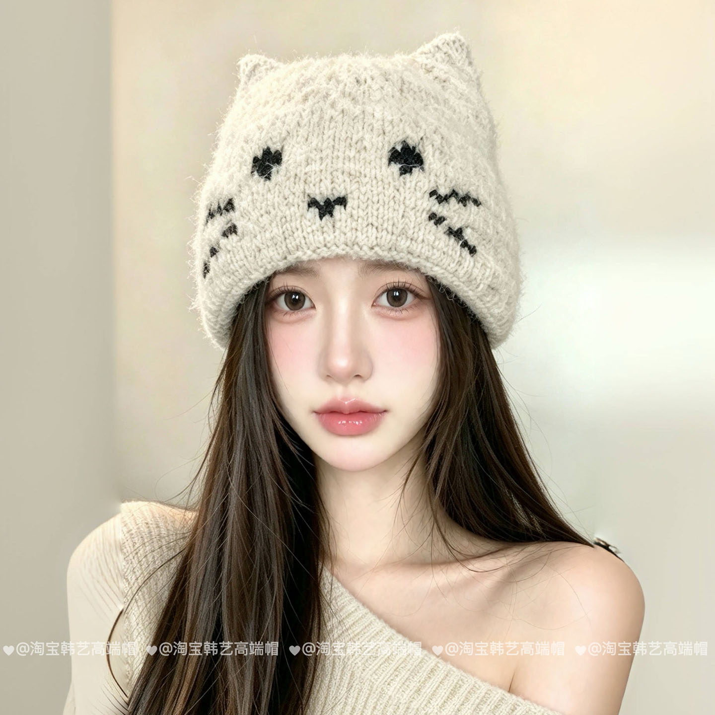 韩系可爱猫耳朵针织帽秋冬大头围