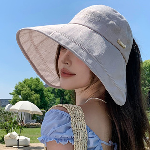新款苎麻全脸灯罩帽子女夏季超大环绕式遮阳防晒帽可扎马尾显脸小
