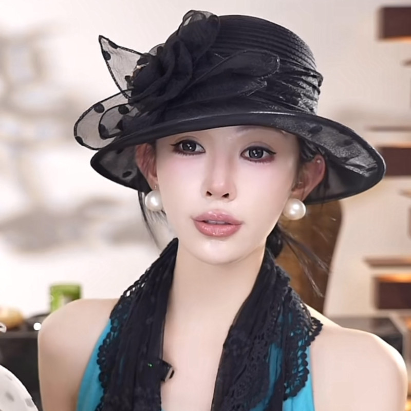 帽子女欧根纱花朵渔夫帽夏季法式英伦网纱礼帽显脸小遮阳帽太阳帽
