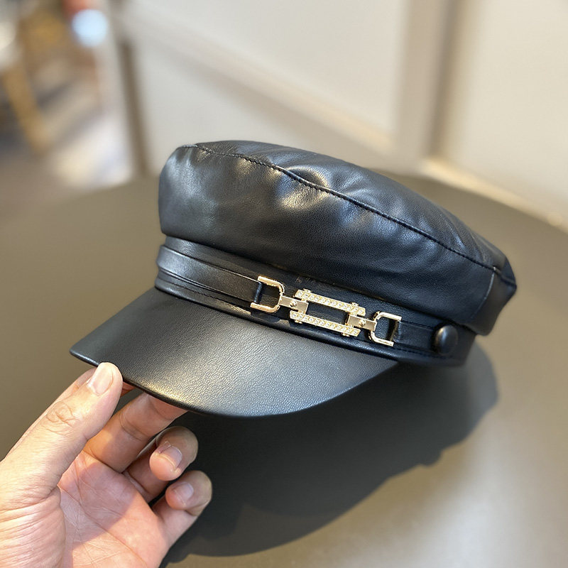 秋冬平顶帽女链条水钻时尚皮帽檐潮酷英伦系气质优雅高品质报童帽