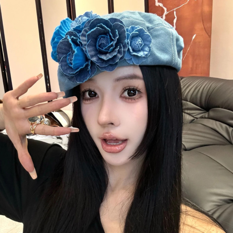 立体山茶花水洗牛仔贝雷帽女春夏季百搭蓝色时尚做旧款遮阳防晒帽