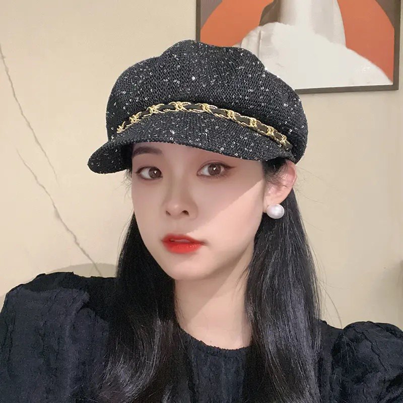 亮片闪亮新品镂空八角帽子女夏季出游百搭防晒草帽英伦鸭舌贝雷帽