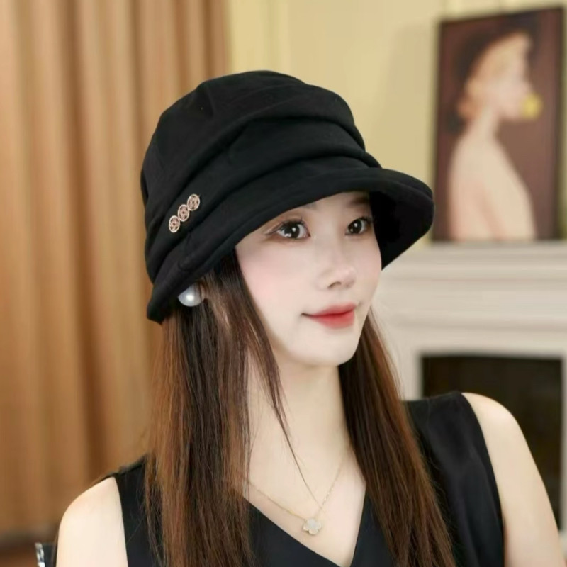 赫本风褶皱复古渔夫帽子女秋冬季百搭休闲文艺显脸小遮阳防晒盆帽