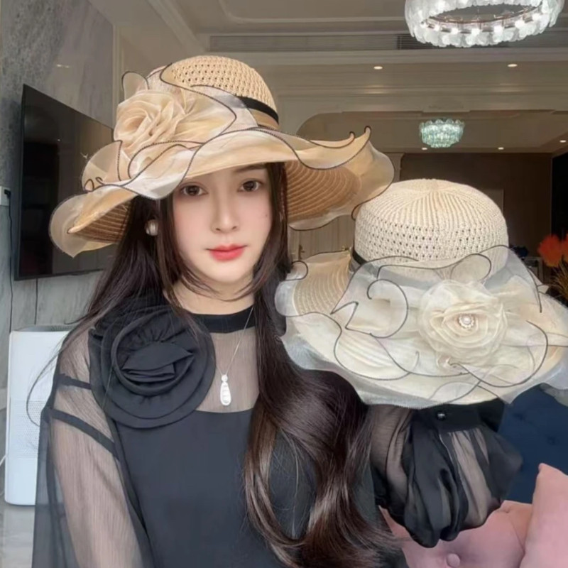 手工大花朵赫本风遮阳帽子女蕾丝