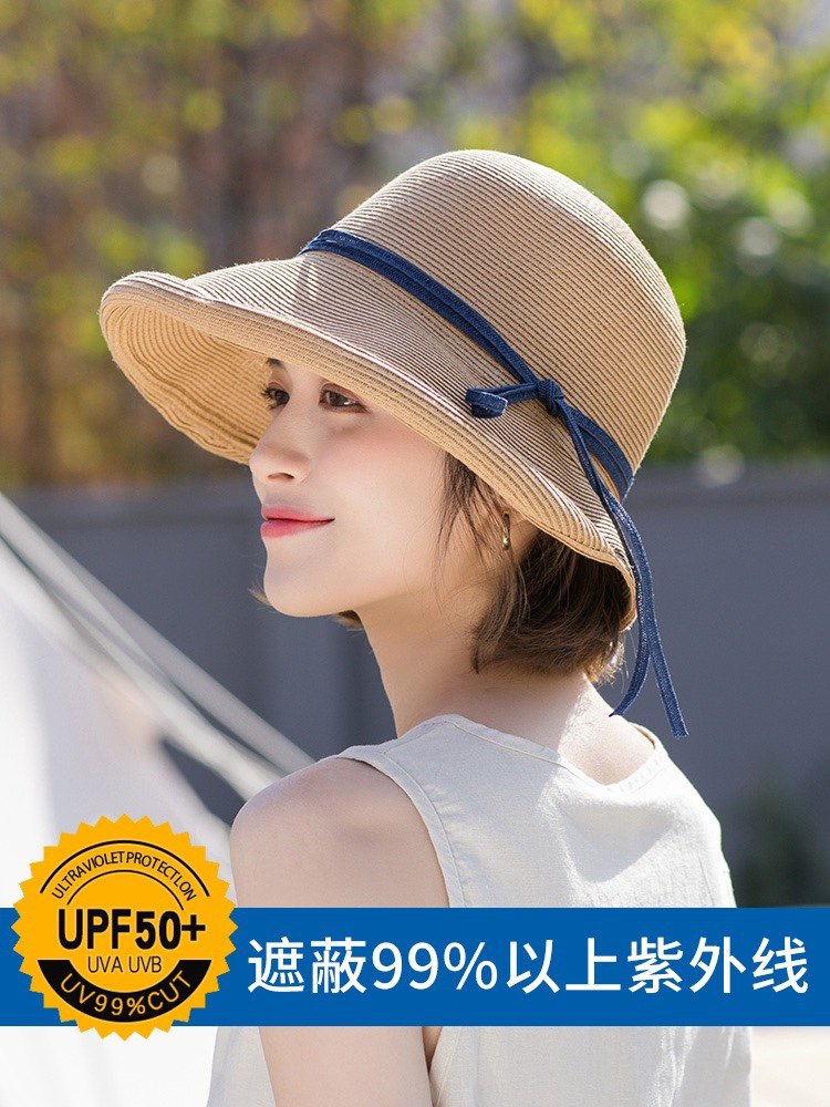 赫本风草帽女可折叠复古百搭盆帽夏季渔夫帽子遮阳防晒太阳帽凉帽