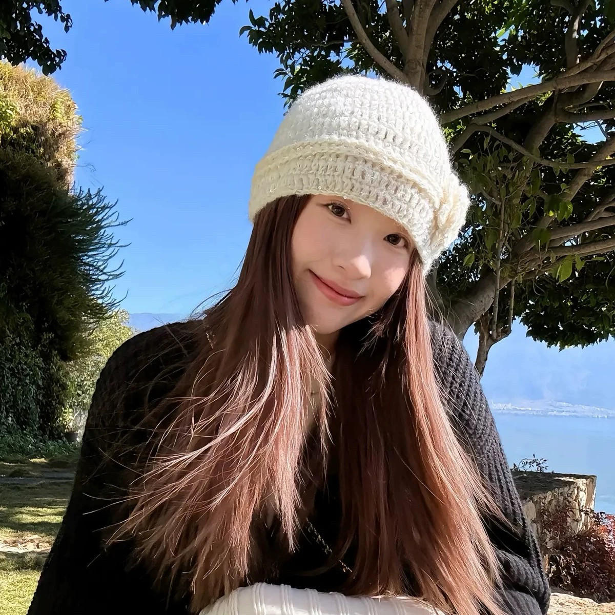 博主同款针织帽女韩系ins氛围感细闪亮片毛线帽立体花朵包头冷帽