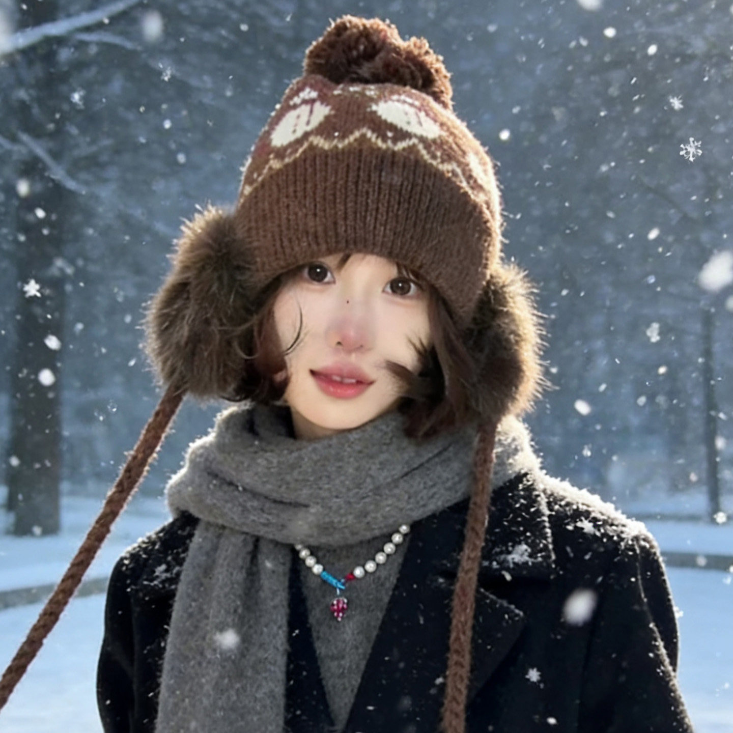 圣诞小雪人提花针织帽子女可爱