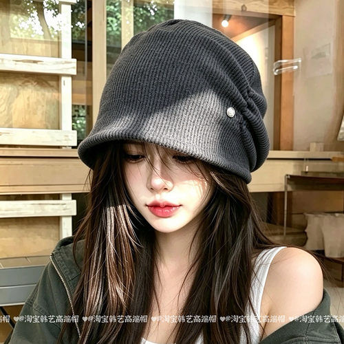 韩系复古褶皱堆堆帽女大头围