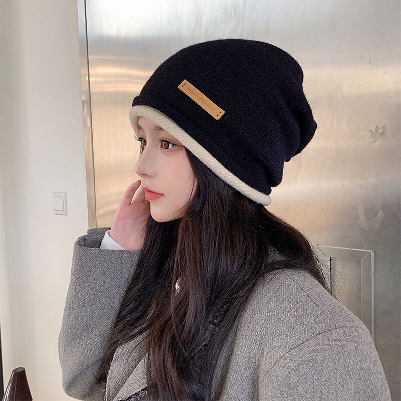 骑车护耳毛线帽洋气时尚堆堆帽子女秋冬新款黑色针织帽大头围冷帽